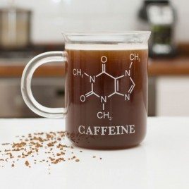 Taza de "vidrio borosilicato" con la fórmula de la cafeína 